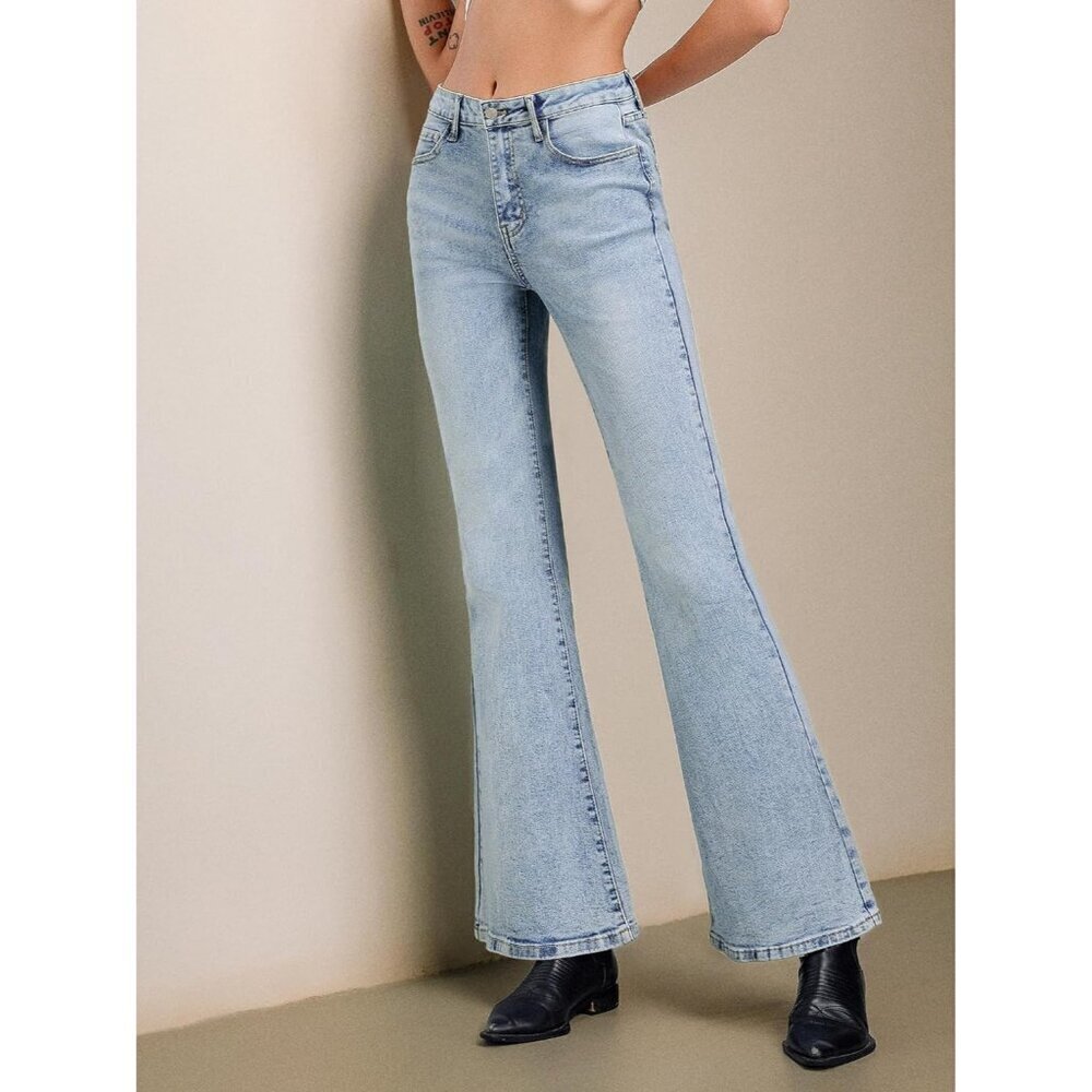 Women Flared Denim Jeans High Waist Y2K Distressed Bootcut Pants - Picture 5 of 7